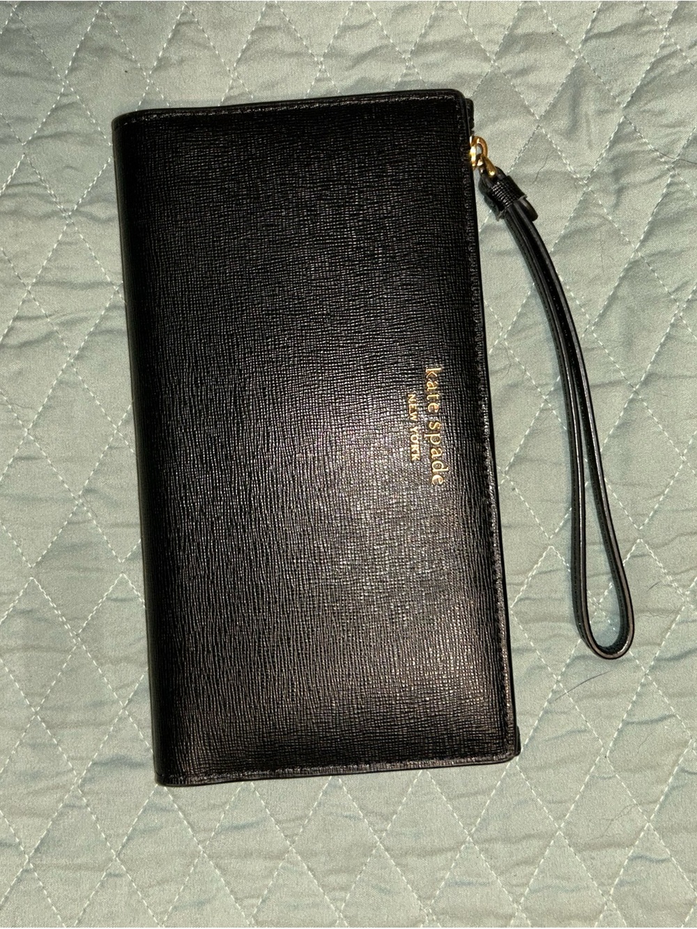 kate spade Black Leather Wristlet Wallet with Gold Logo
